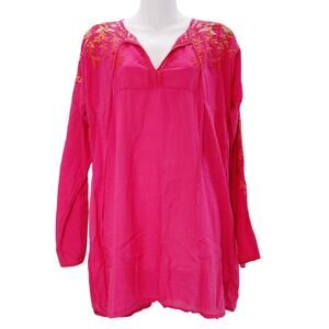 Johnny Was Embroidered Floral Tunic Blouse Long Sleeve Tie Front Pink Womens M